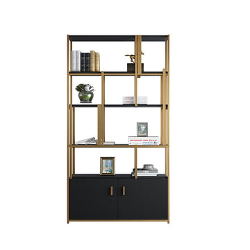 78" 5-Tier Black Bookshelf with Doors Storage Cabinet Gold Frame